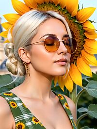 A petite platinum blonde in a green sundress strolls through the Louvre at dusk