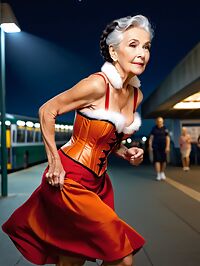Aged grandmother stands tall in the dimly lit bus station
