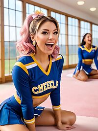A fit woman in her 30s wears a blue cheerleader uniform blonde highlights
