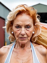 The elderly model stands out in a dimly lit warehouse