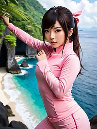 Japanese girl in a pink ninja costume seduces near the Indonesian coral reefs