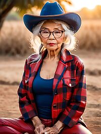 An elderly grandmother in Myanmar wears plaid leather coat red yoga pants at sunset