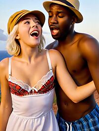 A black senior gentleman passionately kisses a young blonde woman under Cape Verde stars