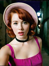 A sultry 27 year old woman with 1950s fashion wears a pink dress in an alleyway