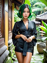 The beautiful Cambodian woman with green hair stands out in the evening streets of Ubud Bali