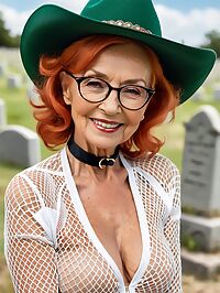 An elderly red haired woman poses seductively at a cemetery in a white fishnet bodysuit