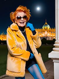 A frail 90 year old grandmother stands outside the royal palace in moonlit darkness
