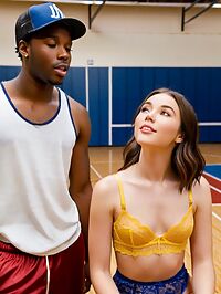A young black man beams on an indoor court surrounded by a beautiful woman in lingerie