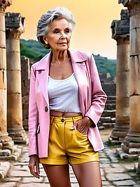 An elderly grandmother stands out in twilight among ancient ruins