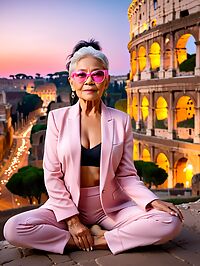 Elderly woman in pink suit poses at the Colosseum under twilight's dimming glow
