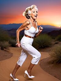 An elderly grandmother stands in a desert canyon at pre dawn