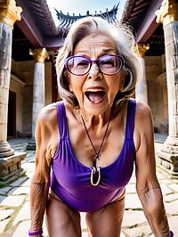 An elderly woman 75 wears a purple swimsuit in an ancient temple