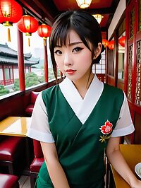 The innocent girl in the green school uniform sits alone at a table