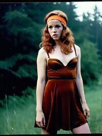 Woman wearing 1970s era attire and auburn hair struts through the twilight forest