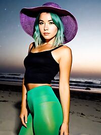 A silver haired 20 year old woman with blue eyes lounges on the moonlit beach in vintage attire