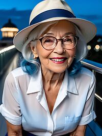 A 90 year old grandmother with wrinkled skin and ombre hair poses in a blue microskirt