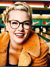 A 31 year old woman withblonde hair wearing a 1950s inspired orange fur trimmed coat