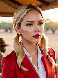 A 32 year old woman with blonde pigtails and tanned skin sits