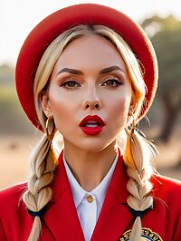 A 32 year old woman with blonde pigtails and tanned skin sits