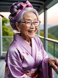 An elderly woman in a purple kimono stands on a glass skybridge at dusk