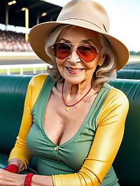 Elderly model wears yellow bodypaint at twilight racetrack photoshoot
