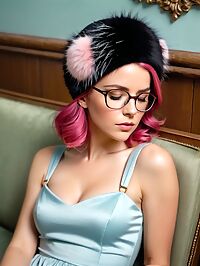 A glamorous woman in her 40s models lingerie at an indoor auction house sale