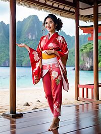 A Nepalese woman stands out in Palawan's pristine landscape wearing red kimono