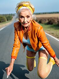 Elderly model sports bold look with orange leather jacket yellow legwear in car sunlight
