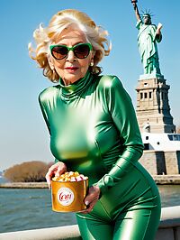 Older granny in green catsuit admires Statue of Liberty with squinty blue eyes