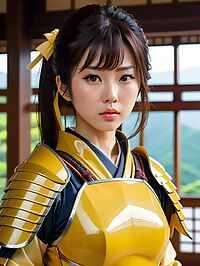 A pale sweaty woman in yellow armor wields sword on Japanese TV