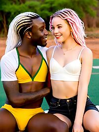 Adult model in black denim and pink dreadlocks with blonde woman in lingerie
