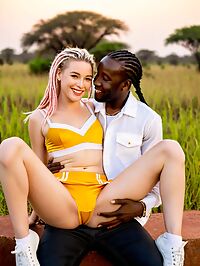 Adult model in black denim and pink dreadlocks with blonde woman in lingerie