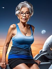 Elderly grandmother stands on an outdoor spaceship deck at pre dawn