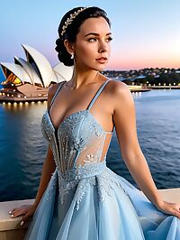A curvaceous woman in a blue wedding dress seduces