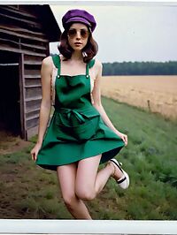 A 20 year old woman in 1960s style dons apron and hats amidst early morning rustic solitude