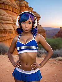 African girl wears a blue cheerleader uniform in the pre dawn Israeli desert of Red Canyon