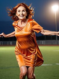 A 70 year old grandmother stands on a dimly lit football field wearing an orange dress