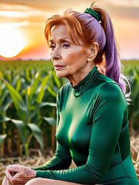 An elderly woman with ginger blonde hair stands in a sunset lit cornfield