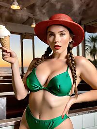 A sultry young woman with French braids and fur scarf stuns in 80s ice cream shop