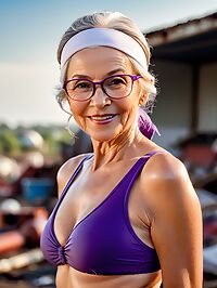 A grandmother with purple swimsuit and blonde pigtails poses in scrapyard