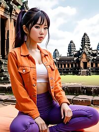 Japanese woman stands stunned in the ruins of Angkor's ancient temple complex