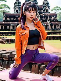 Japanese woman stands stunned in the ruins of Angkor's ancient temple complex