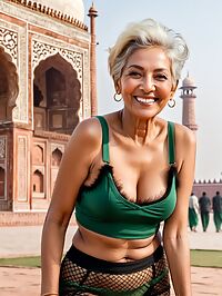 An elderly grandmother poses in her green crop top and black fishnets at the Taj Mahal