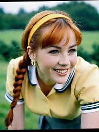 Woman in vintage 1960s attire braided hair shines under twilight in an orchard
