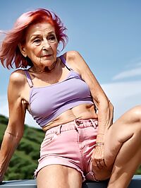 The elderly model stands on a spaceship's deck her wrinkles illuminated by sunset