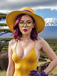Tall enchanting woman with burgundy hair and small tits stands on Mount Kilimanjaro
