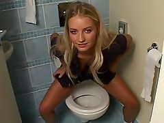 Wendy - Pee-fect! : Adorable blonde pees and wipes herself standing over toilet