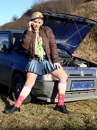 Hot girl with car trouble banged by horny old guy outdoors
