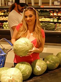 Sexy extrreme natural chick goes shopping for watemelons and finds out they are smaller then her meg juggs