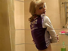 Sudsy teen masturbates : Adorable petite blonde teen girl gets off in the shower